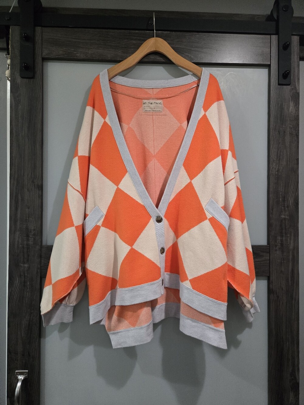 We The Free Manny Argyle Orange Creamsicle Oversized Cardigan SM fits up to XL